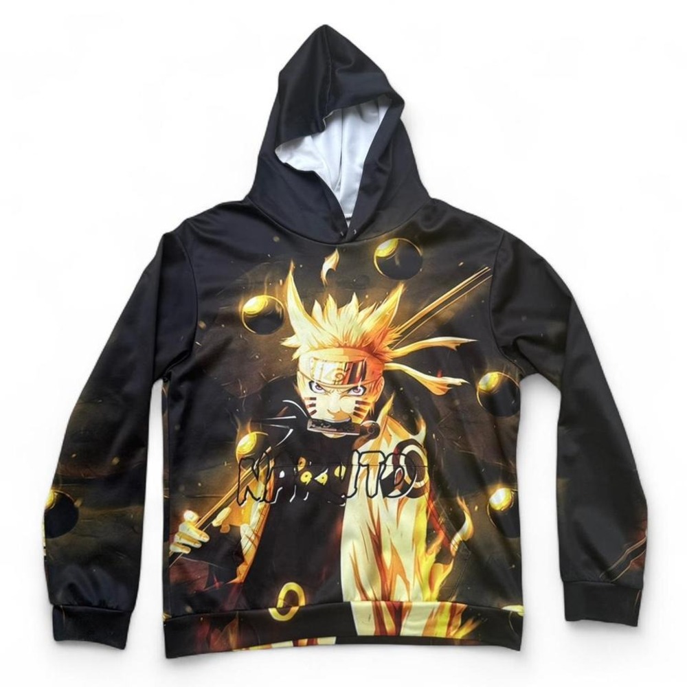 Naruto Hoodie Size Medium Anime Graphic Black/Gold Flame Print